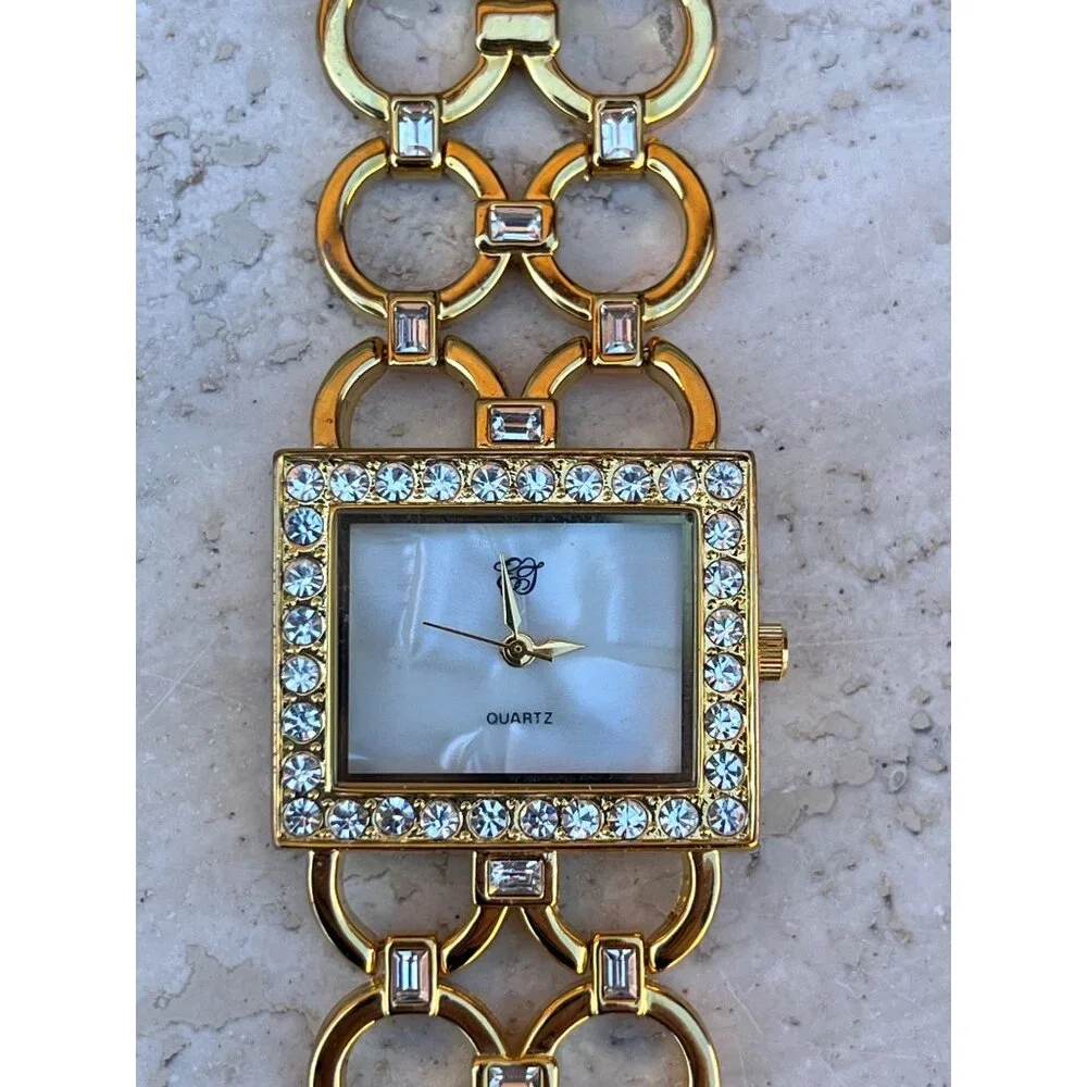 Elizabeth Taylor White Diamonds Gold Rhinestone Quartz Ladies Watch 8” Link Band